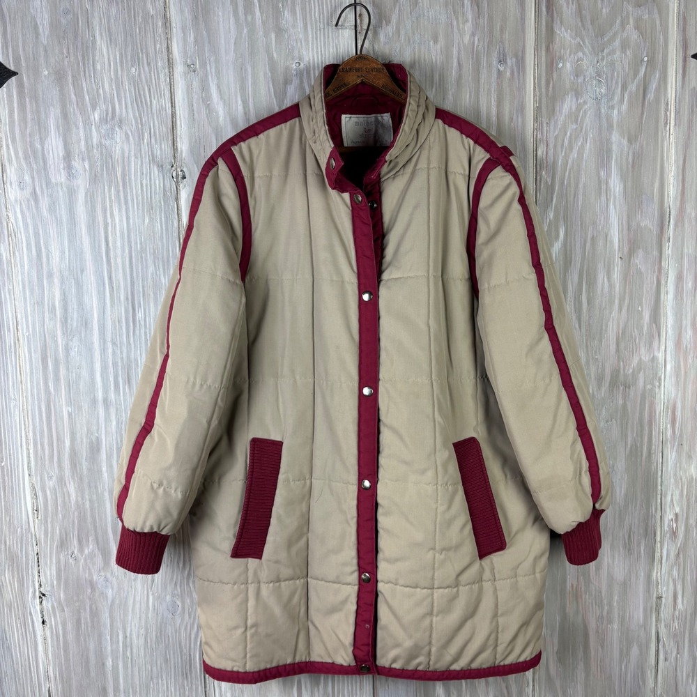 Vintage Mulberry Street‎ Quilted Jacket Womens 15/16 Tan Burgundy Snap Coat FAIR